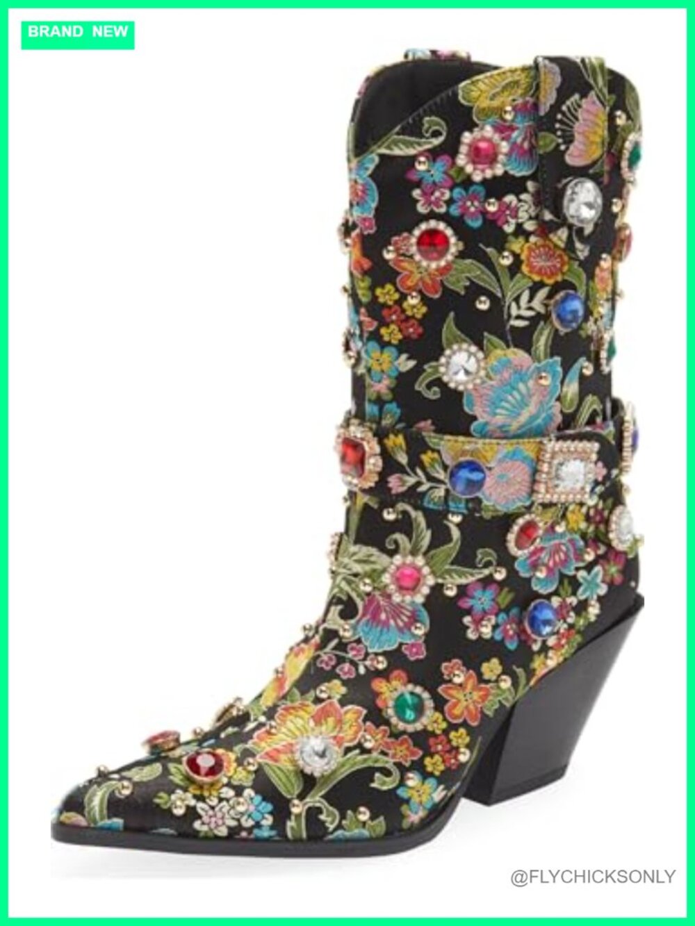 Western Cowboy Boots Women Flower Embroidered Rhinestone Mid Calf Chunky Heel